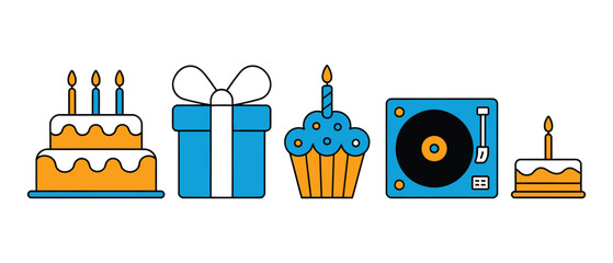 A collection of celebratory items including a two-tiered cake with candles, a wrapped gift box, a cupcake with a candle, a turntable, and a single-tiered cake with a candle.