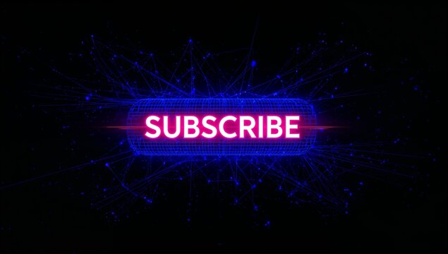 Glowing central neon SUBSCRIBE button pulsing on black backdrop, with blue wireframe grid and nodes