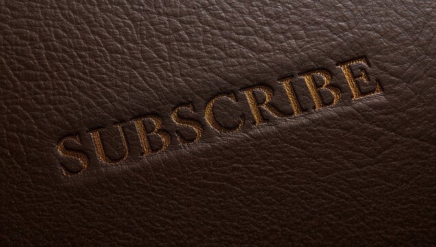 Showing embossed SUBSCRIBE letters on dark brown pebbled leather in studio, with gold foil - Powered by Adobe