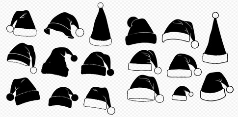Collection of black Santa hats with white trim and pom-poms in various styles, perfect for Christmas and holiday designs.