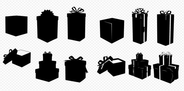 A collection of black silhouette gift boxes, some open, some stacked, with decorative bows and ribbons, suitable for celebrations.