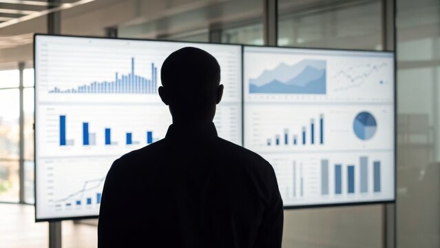 A silhouette of a person observing multiple screens displaying various data visualizations and graphs in a modern office environment.