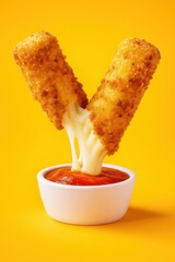 Cheese Sticks Dipped in Marinara Sauce on Yellow Background