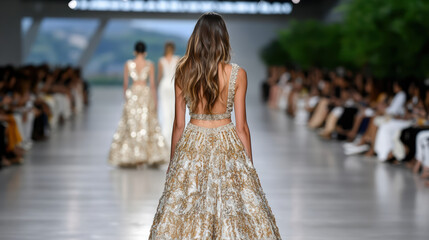 Fashion gown model back view elegant embroidered skirt shimmering gold lace panel