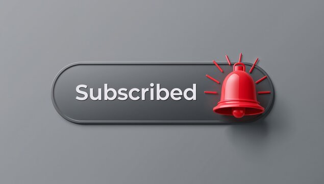 Displaying dark gray button centered on gray tabletop, showing white Subscribed text and red bell