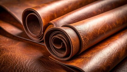 Close-up of rich brown, rolled leather, showing texture and detail