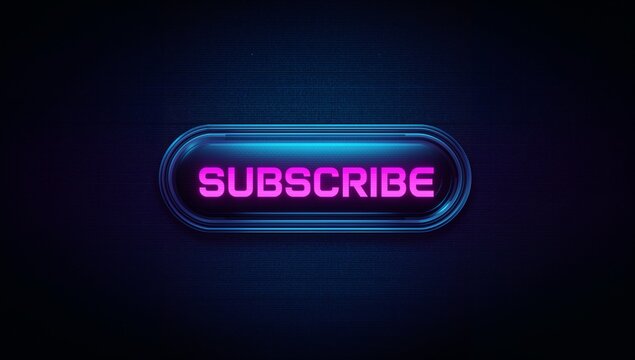 Displaying neon pill-shaped subscribe button over dark navy panel, magenta SUBSCRIBE, cyan rings