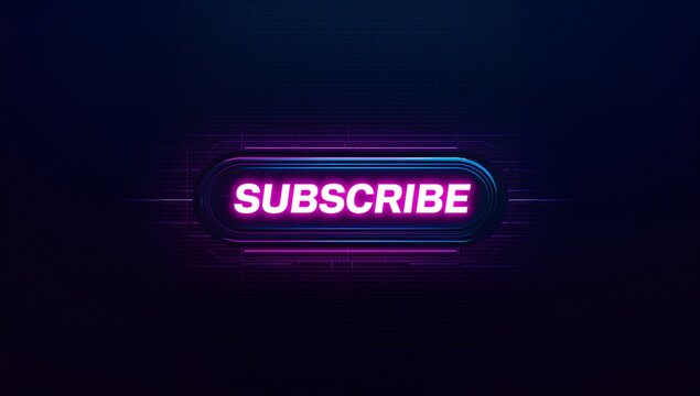 Glowing neon SUBSCRIBE button pulsing, drawing focus on cyber grid backdrop with glitch lines