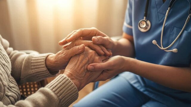 Hands of elderly patient holding by caregiver hands, health care and medical support of senior - Powered by Adobe