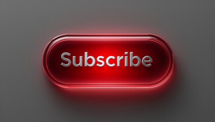 Showing glossy red pill subscribe button centered on dark surface with lit rim, silver text, shadow