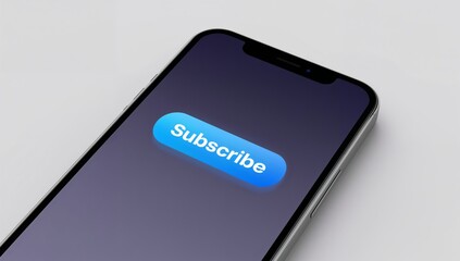 Displaying modern smartphone featuring bright blue Subscribe button on light gray tabletop, notch