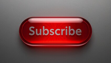 Displaying glossy red pill Subscribe button centered on gray textured surface, with silver text