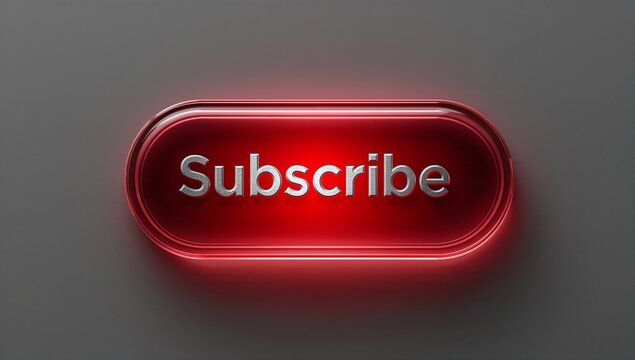 Showing glossy red pill subscribe button centered on dark surface with lit rim, silver text, shadow