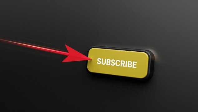 Pointing red arrow aiming yellow SUBSCRIBE button on dark matte surface, motion trail, copy space