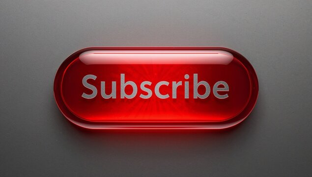 Displaying glossy red pill Subscribe button centered on gray textured surface, with silver text
