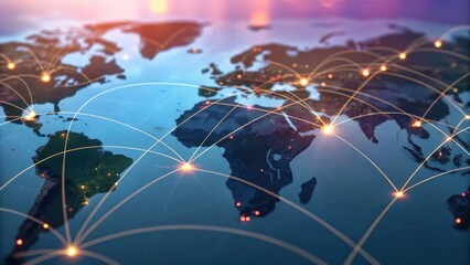 A digital illustration of the Earth showcasing a network of interconnected lines, symbolizing global connectivity and communication.