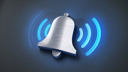 Ringing 3D metallic alert bell showing rounded clapper on dark gradient backdrop, neon-blue arcs