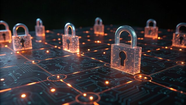 A digital landscape featuring glowing locks on a circuit board, symbolizing cybersecurity and data protection in a high-tech environment.