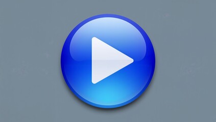Displaying blue circular play button icon floating on neutral gray backdrop, glossy reflections