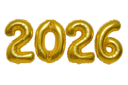 Bright Shiny Gold Foil Balloon Numbers 2026 for New Year Celebration isolated PNG with Transparent Background