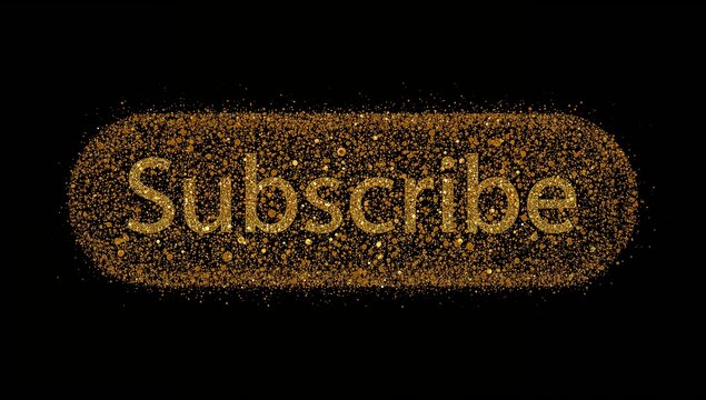 Glittering rounded pill-shaped Subscribe button sparkling on black backdrop, scattering gold halo