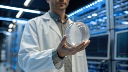 A scientist in a lab coat holds a glass orb, surrounded by technology and data servers, symbolizing innovation and research in a high-tech environment.