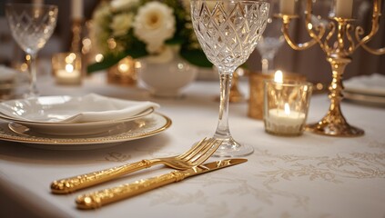 Showing ornate gold-handled fork and knife resting on tablecloth at formal table with crystal glass