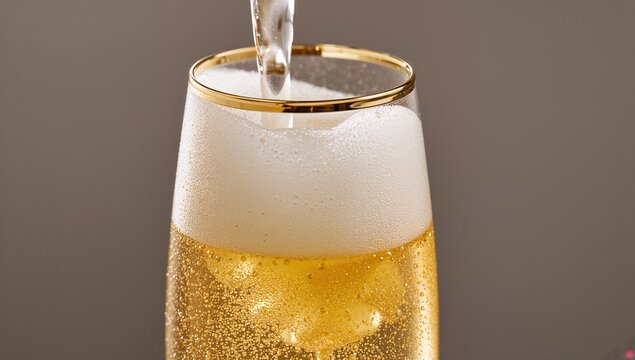 Pouring tall champagne flute showing pale golden pour stream, foamy head, gold rim in studio - Powered by Adobe