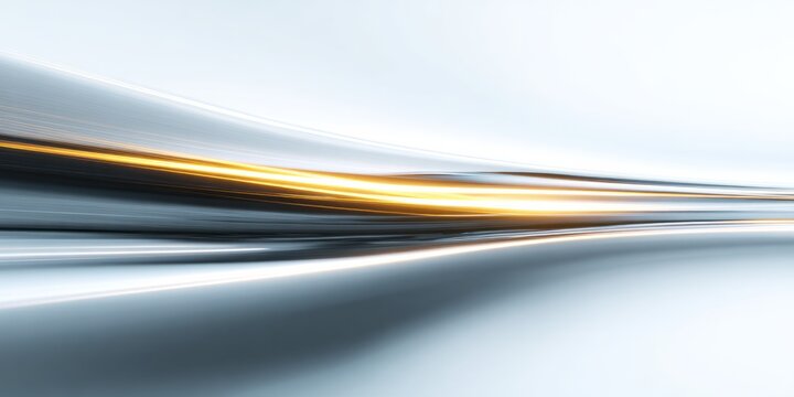 Fluid metallic curves streak across a bright background with a central glowing golden light trail