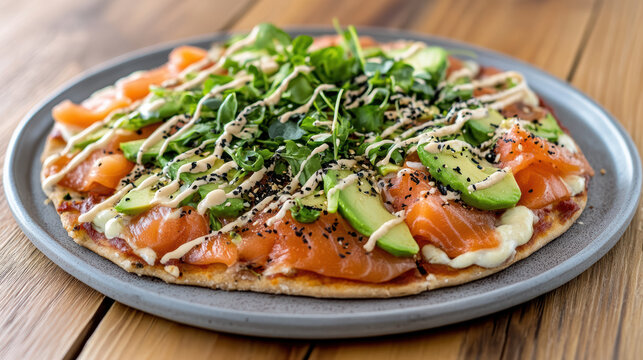 Smoked salmon avocado pizza with microgreens and sesame drizzle, fresh savory fusion