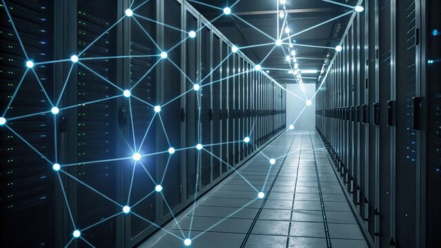 A modern server room featuring rows of servers, illuminated by cool lighting and connected by a network-like design, symbolizing data connectivity and technology.