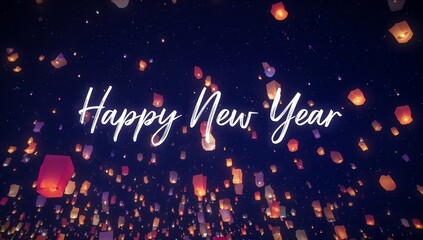 Rising cluster of paper lanterns with white cursive Happy New Year text glowing in night sky