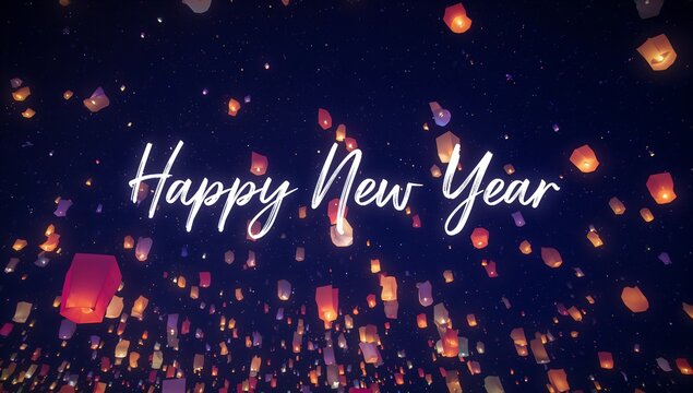 Rising cluster of paper lanterns with white cursive Happy New Year text glowing in night sky