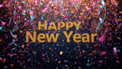 Displaying gold glitter HAPPY New Year headline at festive backdrop, with confetti, ribbons, bokeh