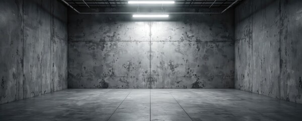 Empty dark grungy room has concrete floor and gray wall texture. Ceiling pipes and neon lamps provide light to industrial interior. Blank background serves as template for website slider backdrop.