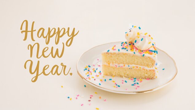 Sitting slice on gold-rim plate at cream table, showing sprinkles, gold Happy New Year, copy space