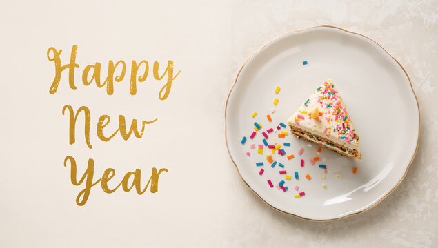 Displaying triangular cake slice on white plate gold rim sprinkles, gold Happy New Year, copy space - Powered by Adobe
