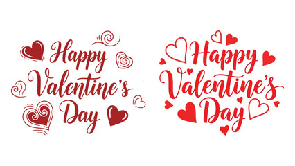Two elegant red hand lettered happy Valentine's Day designs with hearts and swirls