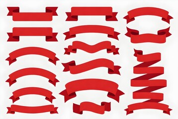 Collection of red ribbons and banners in various shapes, isolated on white background