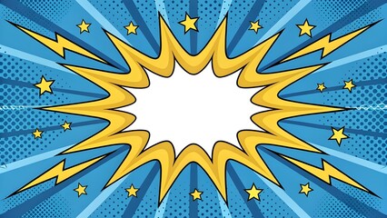 Comic style explosion speech bubble with lightning bolts and stars on blue background