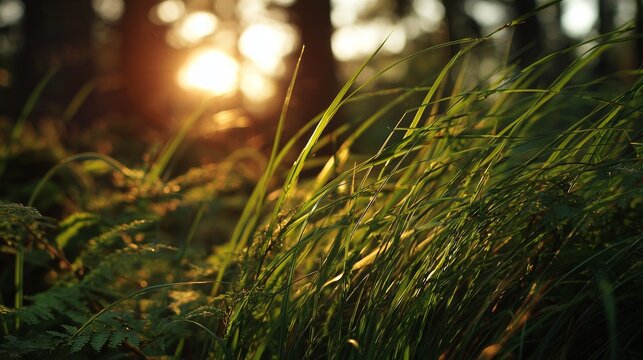 In a lush forest, tall green grass gently sways in the breeze as sunlight filters through the trees, creating a warm and serene atmosphere. The grass glimmers softly, capturing the