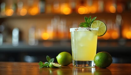 Margarita cocktail with lime and mint garnish sits on bar counter. Two whole limes and a lime wedge rest nearby. Soft bokeh lights create warm bar atmosphere.