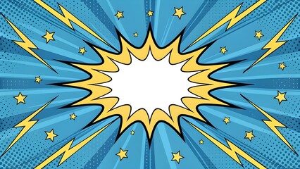 Comic style explosion speech bubble with lightning bolts and stars on blue background