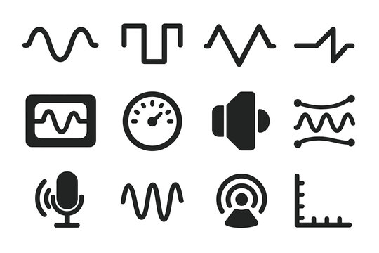 Sound Waves Icons. Solid style icons of Analog Sound Waves: Sine Wave, Square Wave, Triangle Wave, Sawtooth Wave, Oscilloscope,