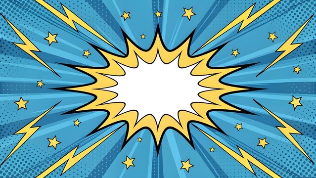 Comic style explosion speech bubble with lightning bolts and stars on blue background