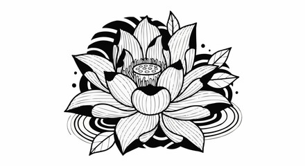 Detailed Black and White Lotus Flower Illustration with Petals and Leaves.