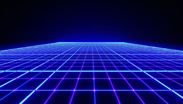 Stretching neon grid plane receding to horizon in dark void, magenta nodes reflecting