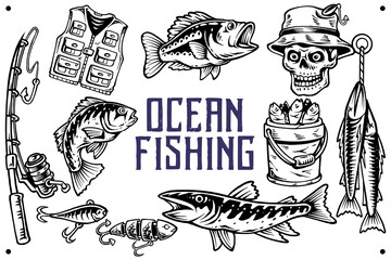 Vintage fishing tools and catch set collection illustration. Fisherman accessory and ocean fishing vintage style. Great outdoor marine fishing element retro vector illustration