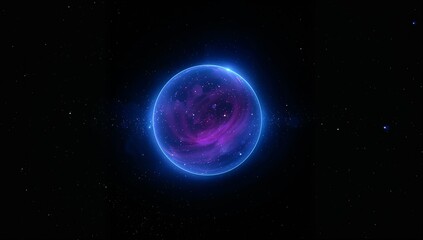 Fototapeta premium Floating orb glowing blue rim-halo in space, swirling purple-magenta core, stars, dust, star right