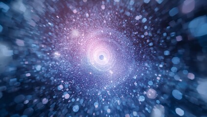 Spiraling central glowing particle vortex drawing light inward in cosmic tunnel, with hexagon bokeh